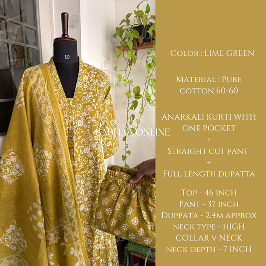 Siya - Lime green Cotton Aline kurti 3pc set