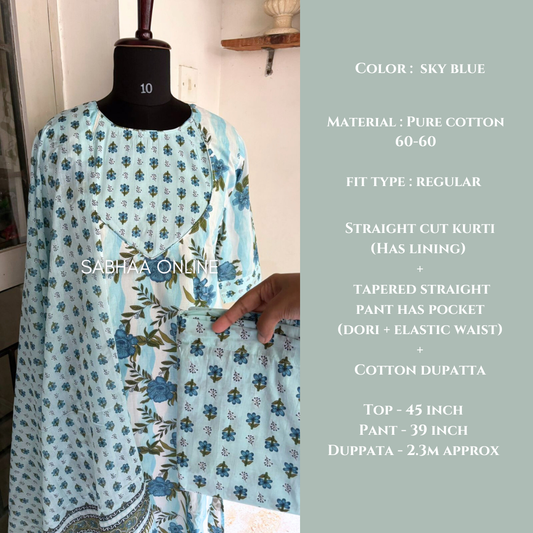 Sky - Blue and White floral Cotton kurti 3pc set with lining - LN 18