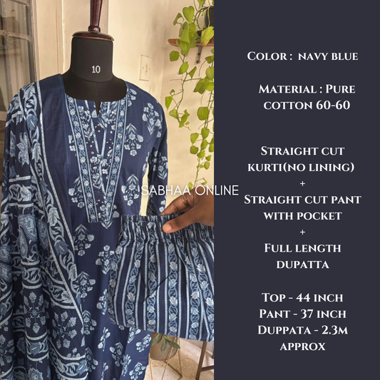 Sloka - Navy Blue Cotton Kurti 3pc set