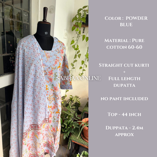 Rashi - Powder blue Cotton kurti + dupatta set