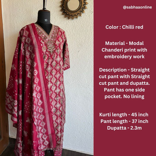 Soundarya - Chilli Red Chanderi Festive Kurti 3pc set