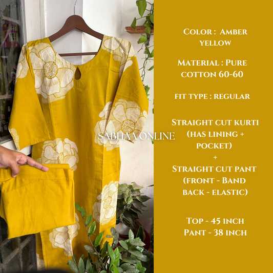 Stella - Yellow Cotton Kurti Pant set with lining (Size M only)