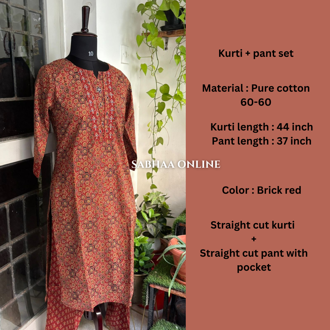 Suja - Brick red Cotton Kurti pant set