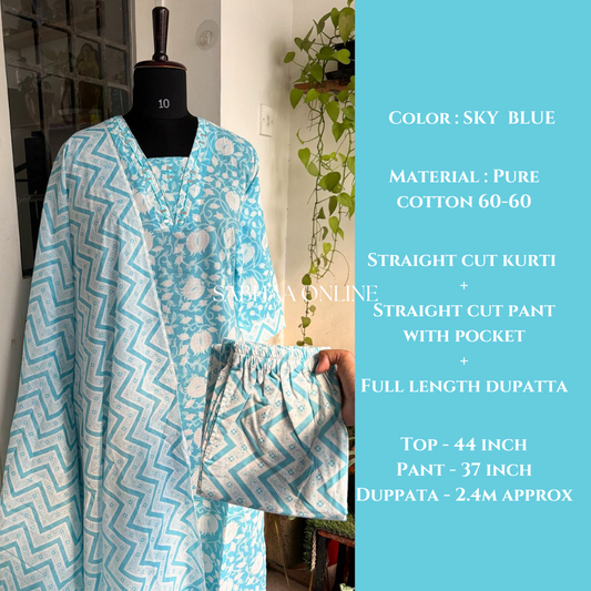 Tamara - Light Blue Cotton kurti 3pc set