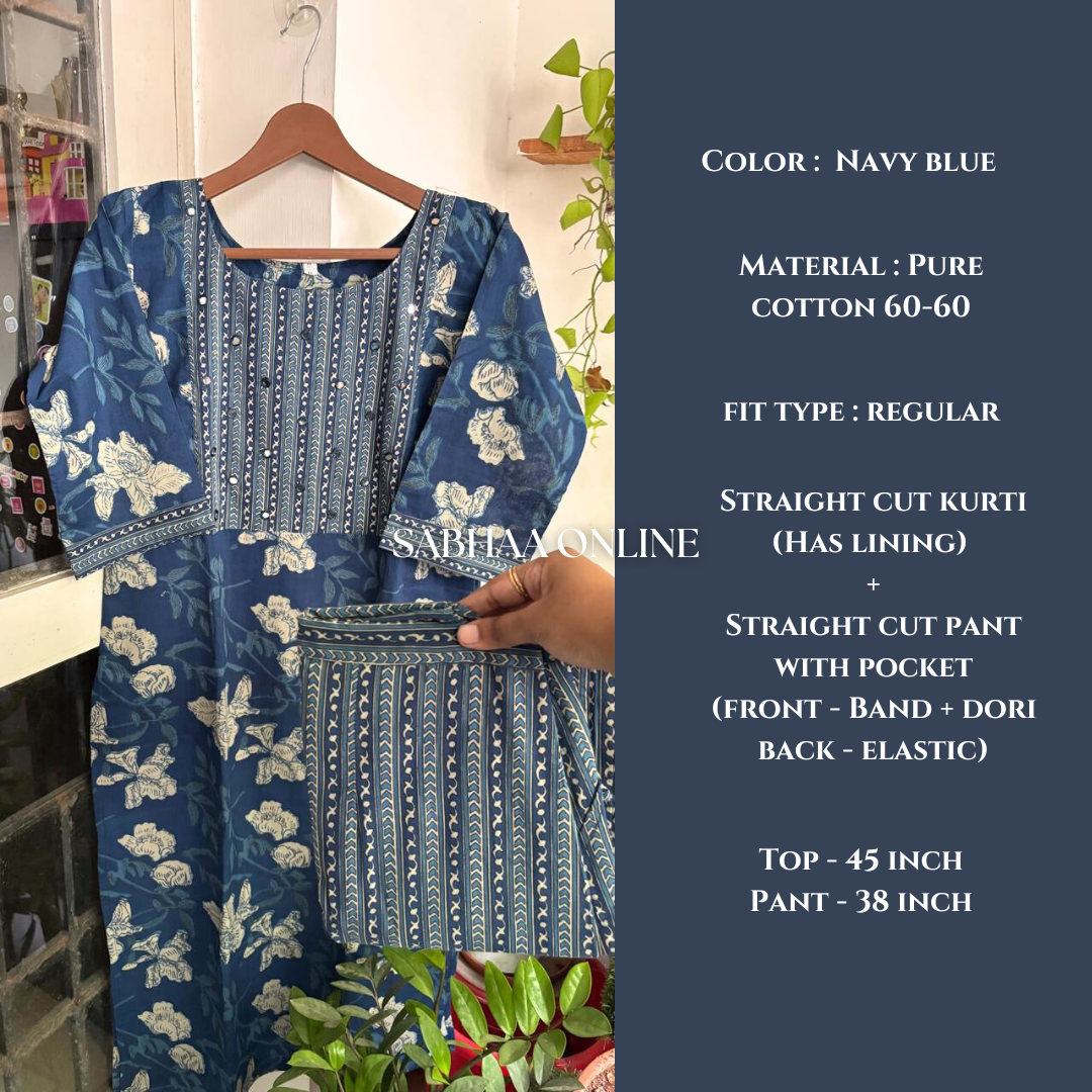 Thara - Navy Blue Cotton Kurti pant set with lining (Only in size M 38)