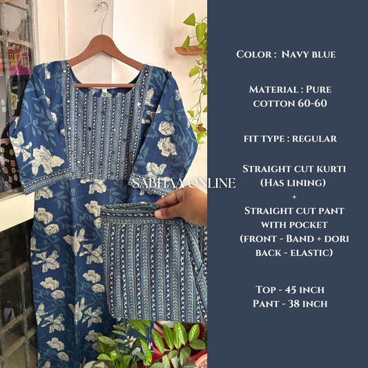 Thara - Navy Blue Cotton Kurti pant set with lining (Only in size M 38)