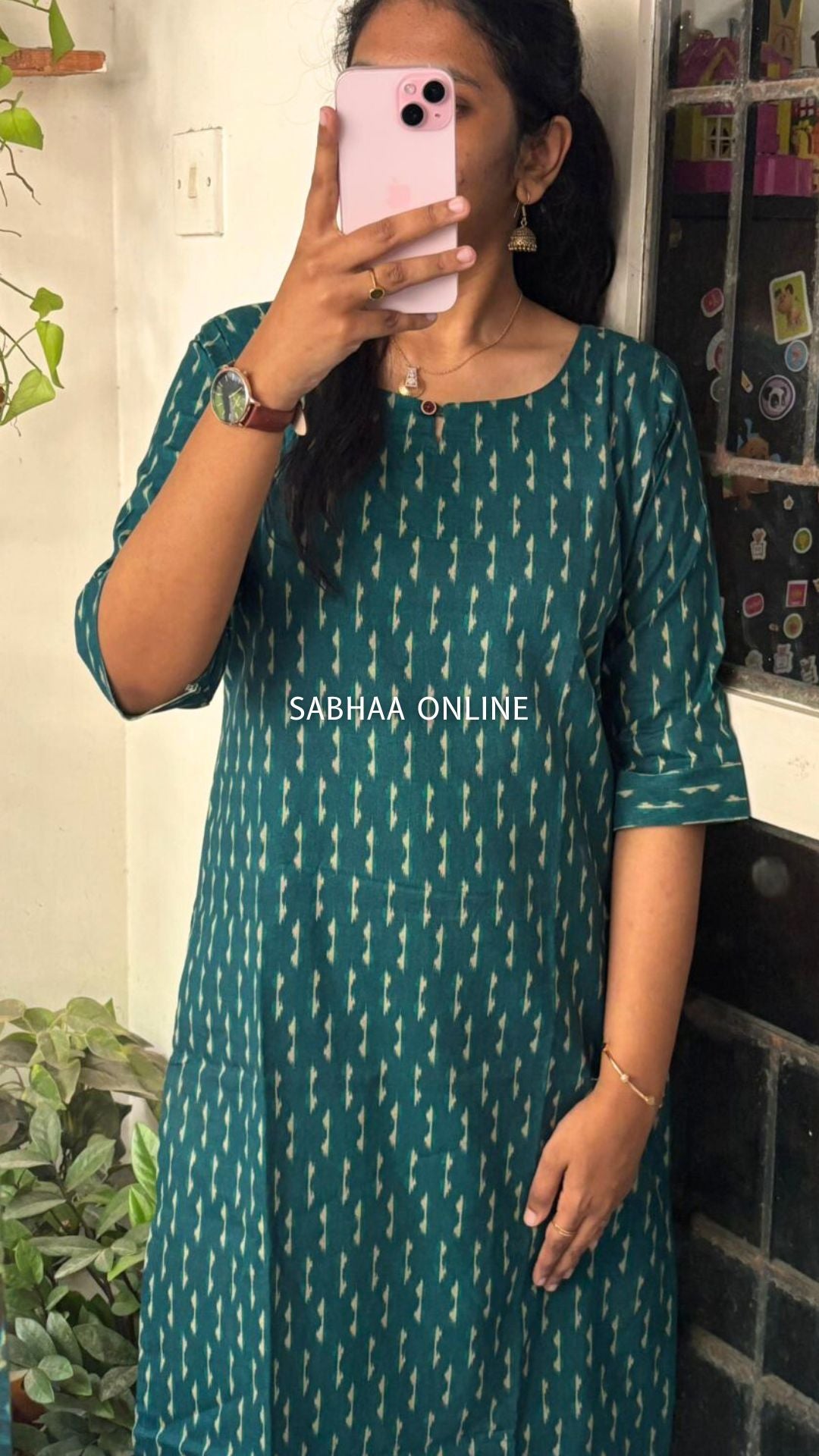 Triloka - Peacock Blue Ikkat Cotton kurti pant set (with lining)