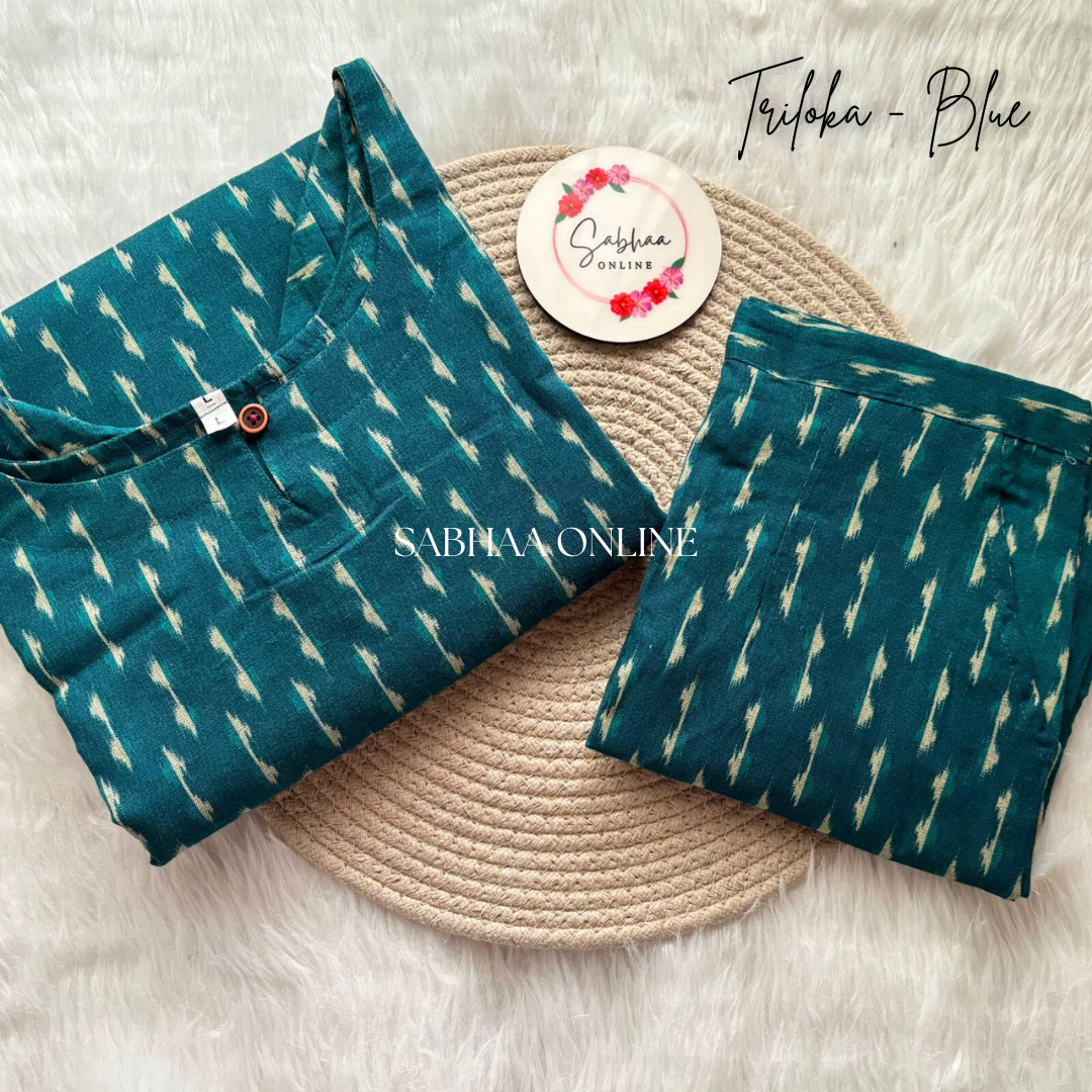 Triloka - Peacock Blue Ikkat Cotton kurti pant set (with lining)