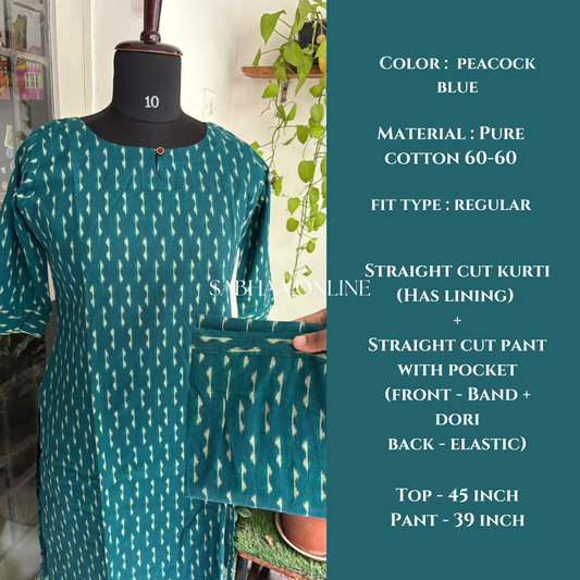 Triloka - Peacock Blue Ikkat Cotton kurti pant set (with lining)