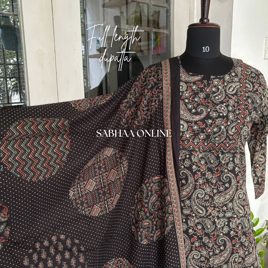 Triveni - Black Kalamkari Cotton Kurti 3pc set
