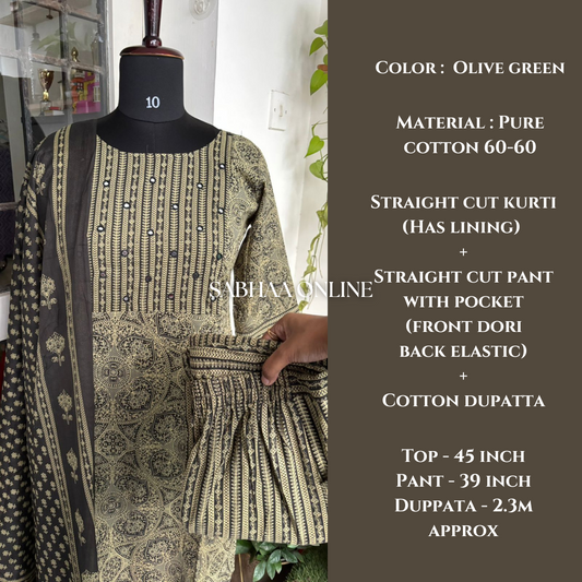 Tulasi - Olive green Cotton kurti 3pc set with lining
