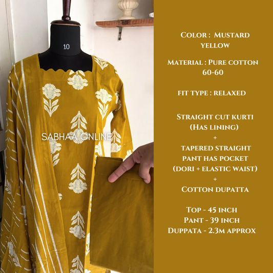 Varuna - Yellow Cotton kurti 3pc set with lining (Relaxed fit) - LN 18