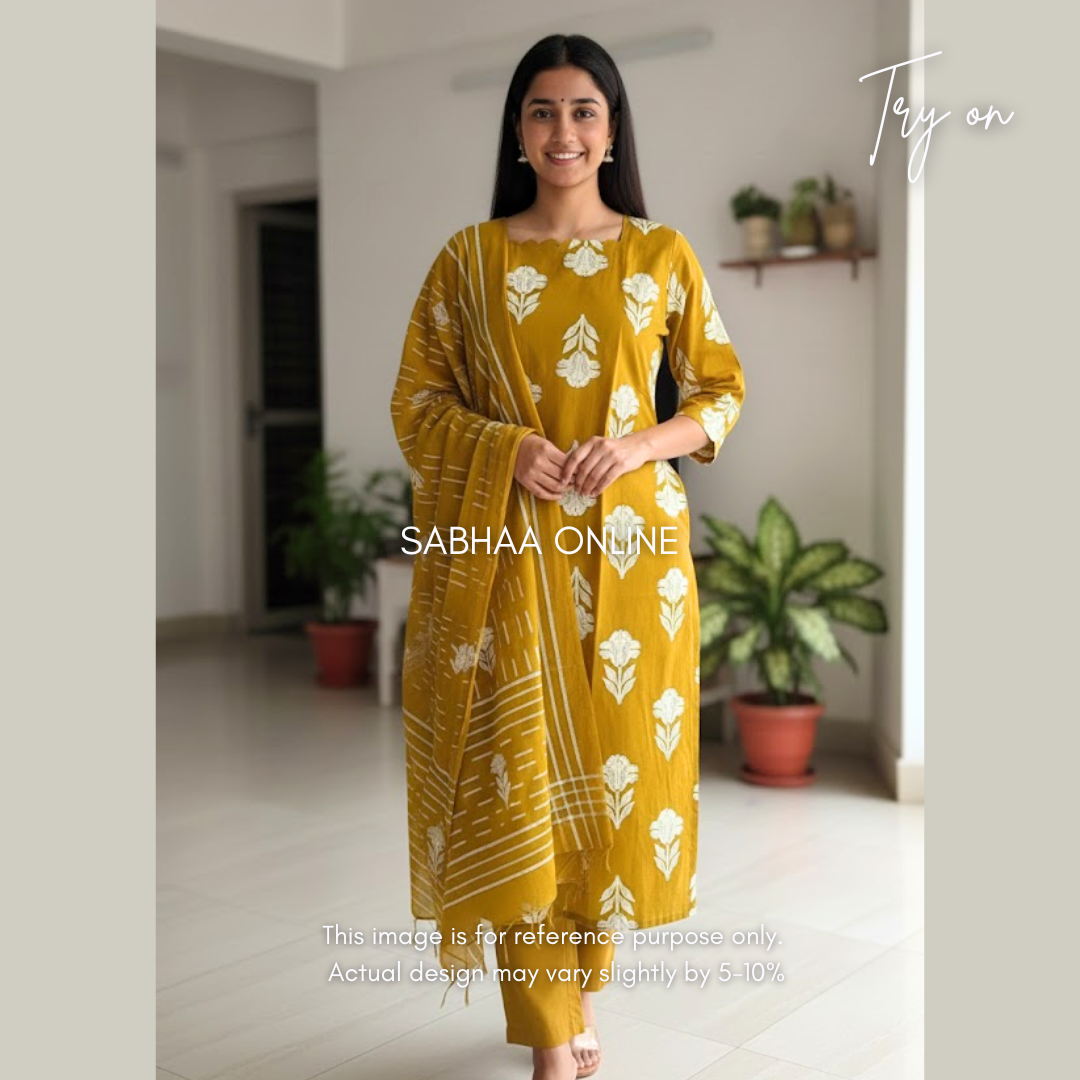 Varuna - Yellow Cotton kurti 3pc set with lining (Relaxed fit) - LN 18