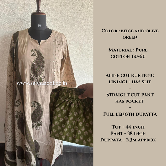 Sashi - Olive green Aline Cotton kurti 3pc set - LN 53