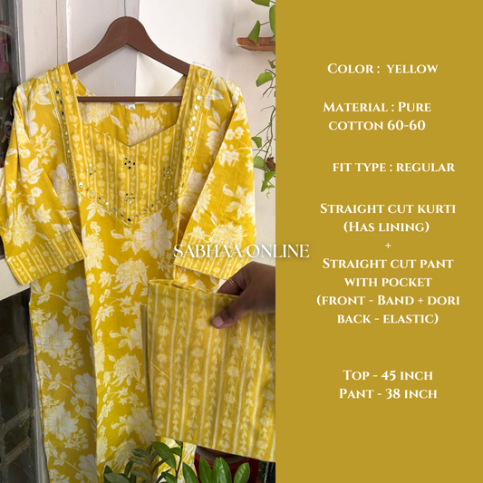 Vaishali - Yellow Cotton Kurti pant set with lining (Only in Size XL 42)