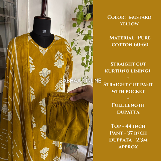 Varuna - Mustard Yellow Cotton Kurti 3pc set - LN 19