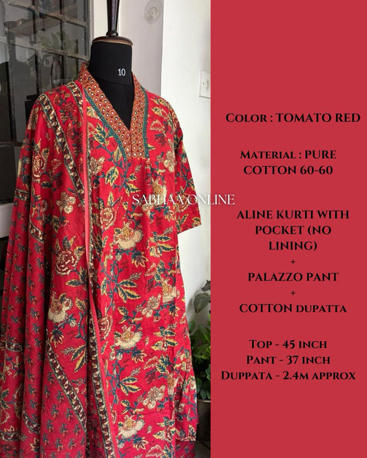 Taanvi - Scarlet Red Cotton Anarkali kurti 3pc set