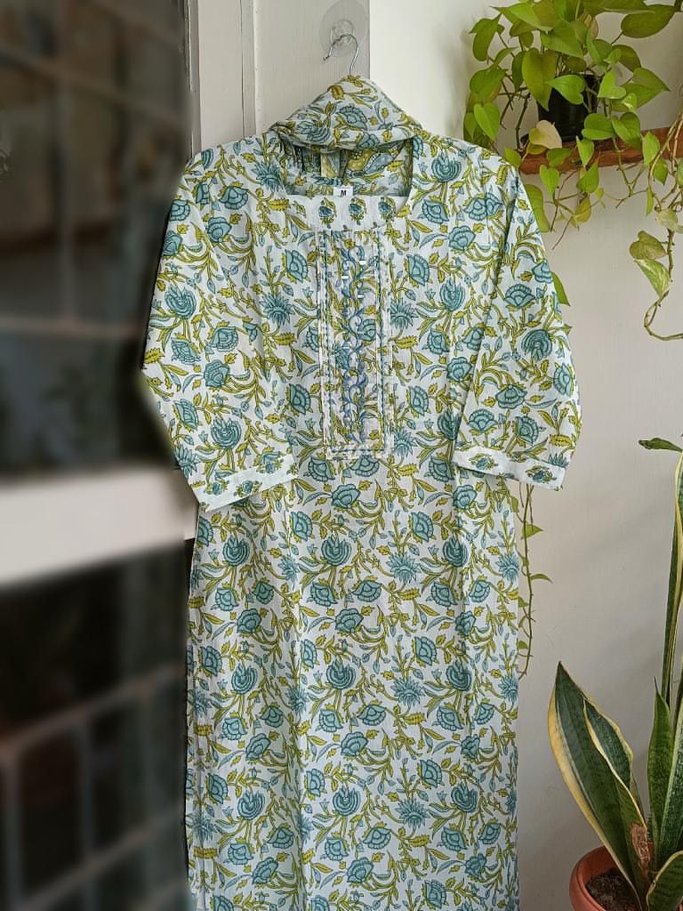 Anu - White Floral Cotton Kurti 3pc set