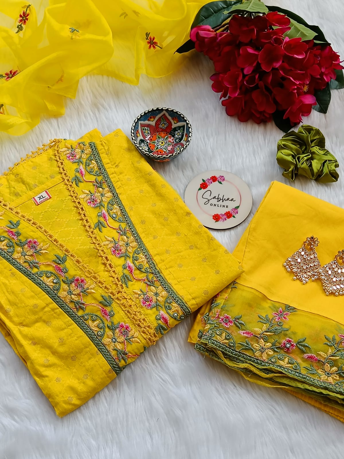 Sakshi - Yellow Premium Cotton Kurti 3pc set