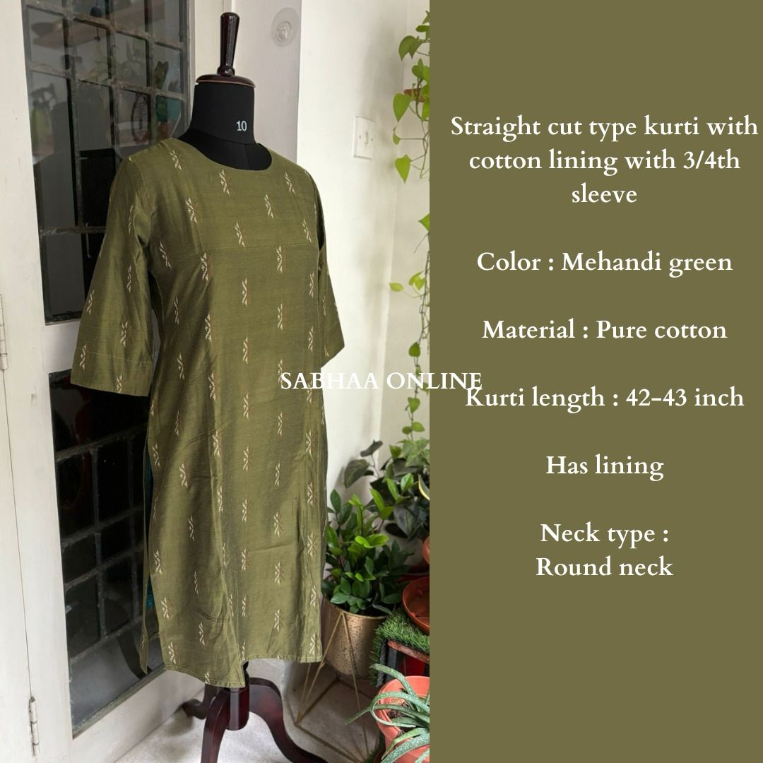 Olive Green Cotton Kurti with lining