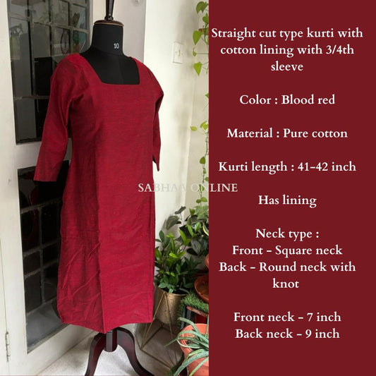 Bold Red Cotton Kurti with lining