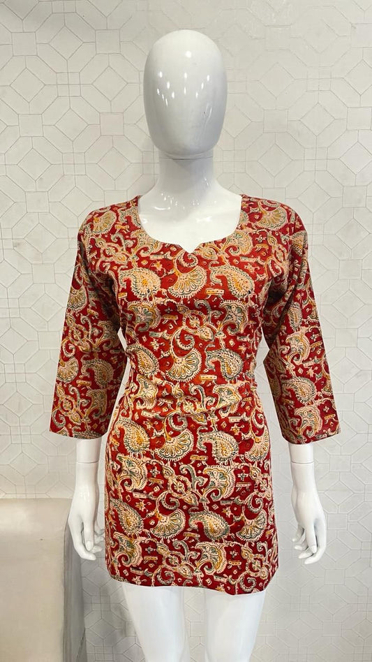 Red Kalamkari Cotton Short kurti