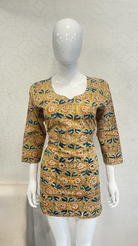 Yellow Kalamkari Cotton Short Kurti