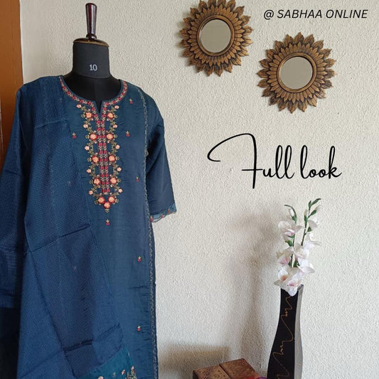 Sriya - Prussian Blue Viscose Silk Festive Kurti 3pc set