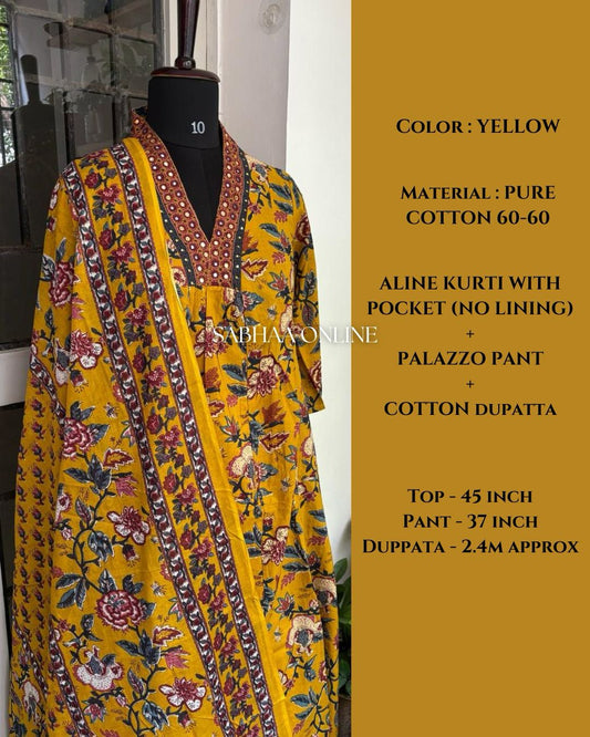 Sruthy - Yellow Cotton Anarkali kurti 3pc set