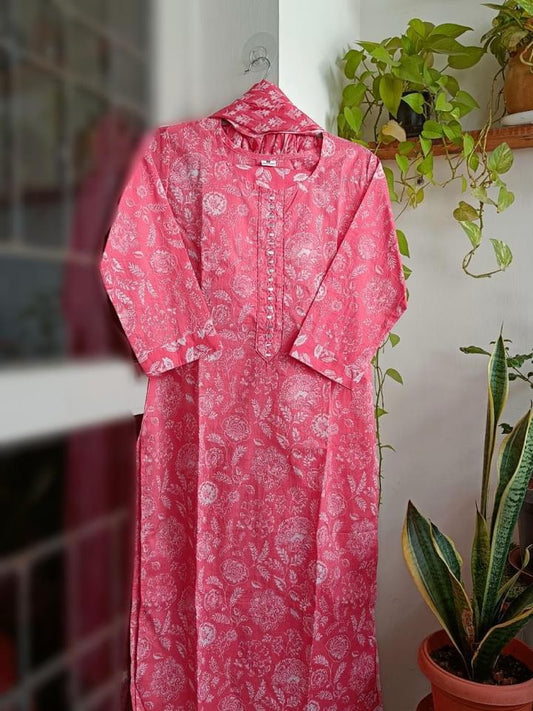 Tia - Pink Cotton Kurti 3pc set