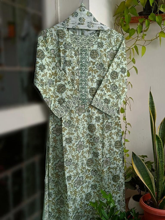 Ishika - Mint green Cotton Kurti 3pc set