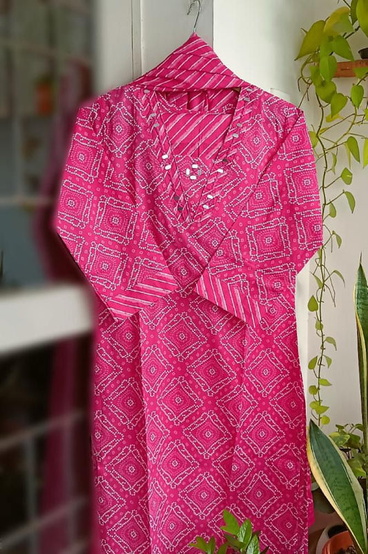 Samika - Pink Bandhani Cotton Kurti 3pc set