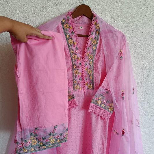 Flora - Flamingo Pink Premium Cotton Kurti 3pc set