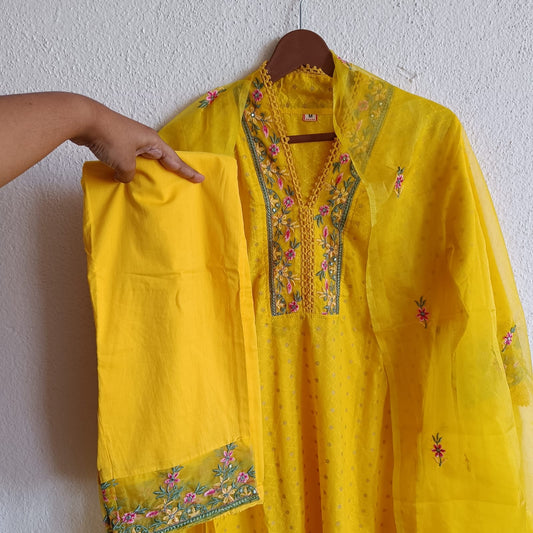 Sakshi - Yellow Premium Cotton Kurti 3pc set