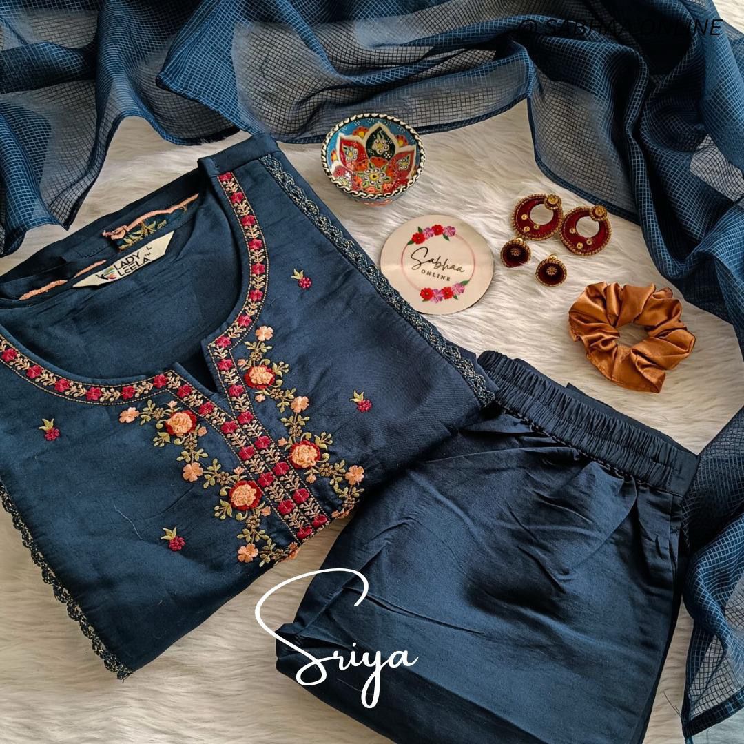 Sriya - Prussian Blue Viscose Silk Festive Kurti 3pc set