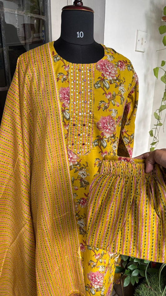 Roop - Yellow Cotton Kurti 3pc set