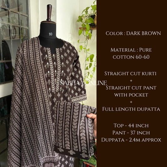 Winnie - Deep Brown Cotton kurti 3pc set