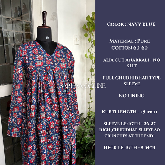Yagna - Navy Blue Cotton Anarkali with full chudidhar sleeve