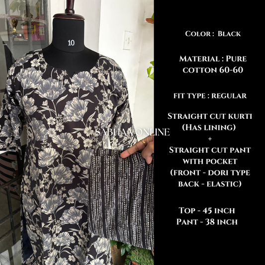 Yatra - Black Cotton Kurti Pant set with lining