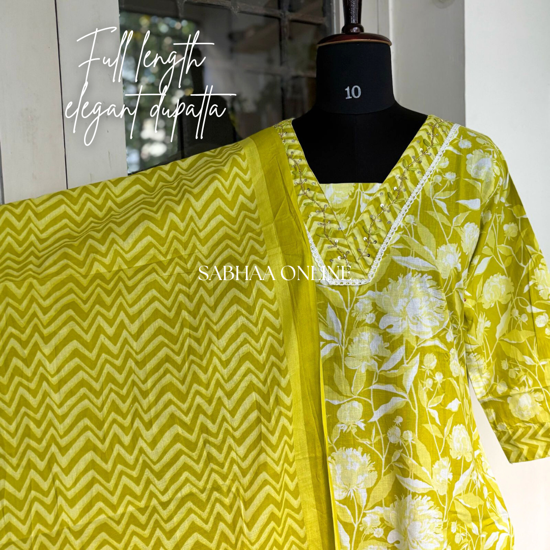 Zest - Bright Green Cotton kurti 3pc set