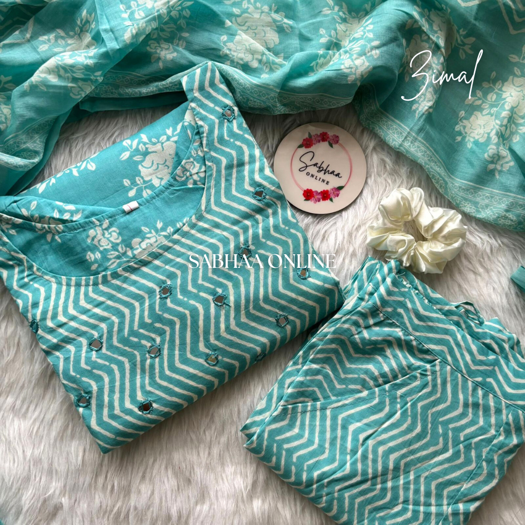 Zimal - Tiffany Blue Cotton Kurti 3pc set with lining