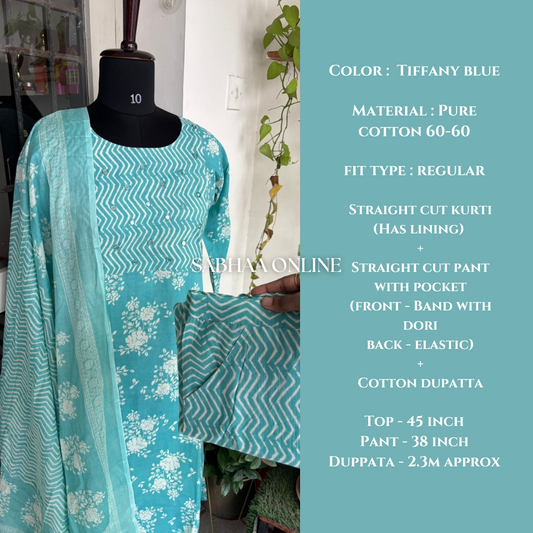 Zimal - Tiffany Blue Cotton Kurti 3pc set with lining