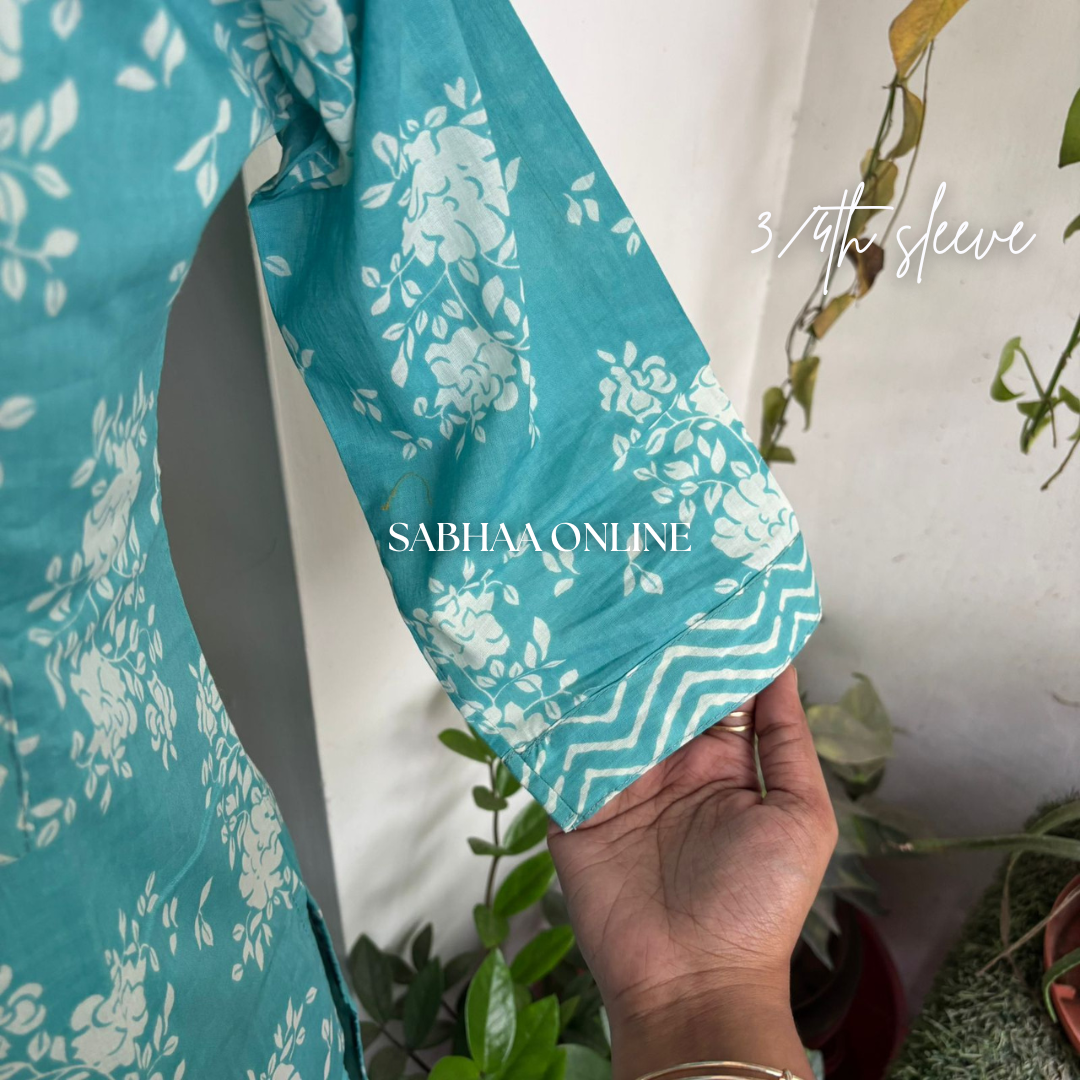 Zimal - Tiffany Blue Cotton Kurti 3pc set with lining
