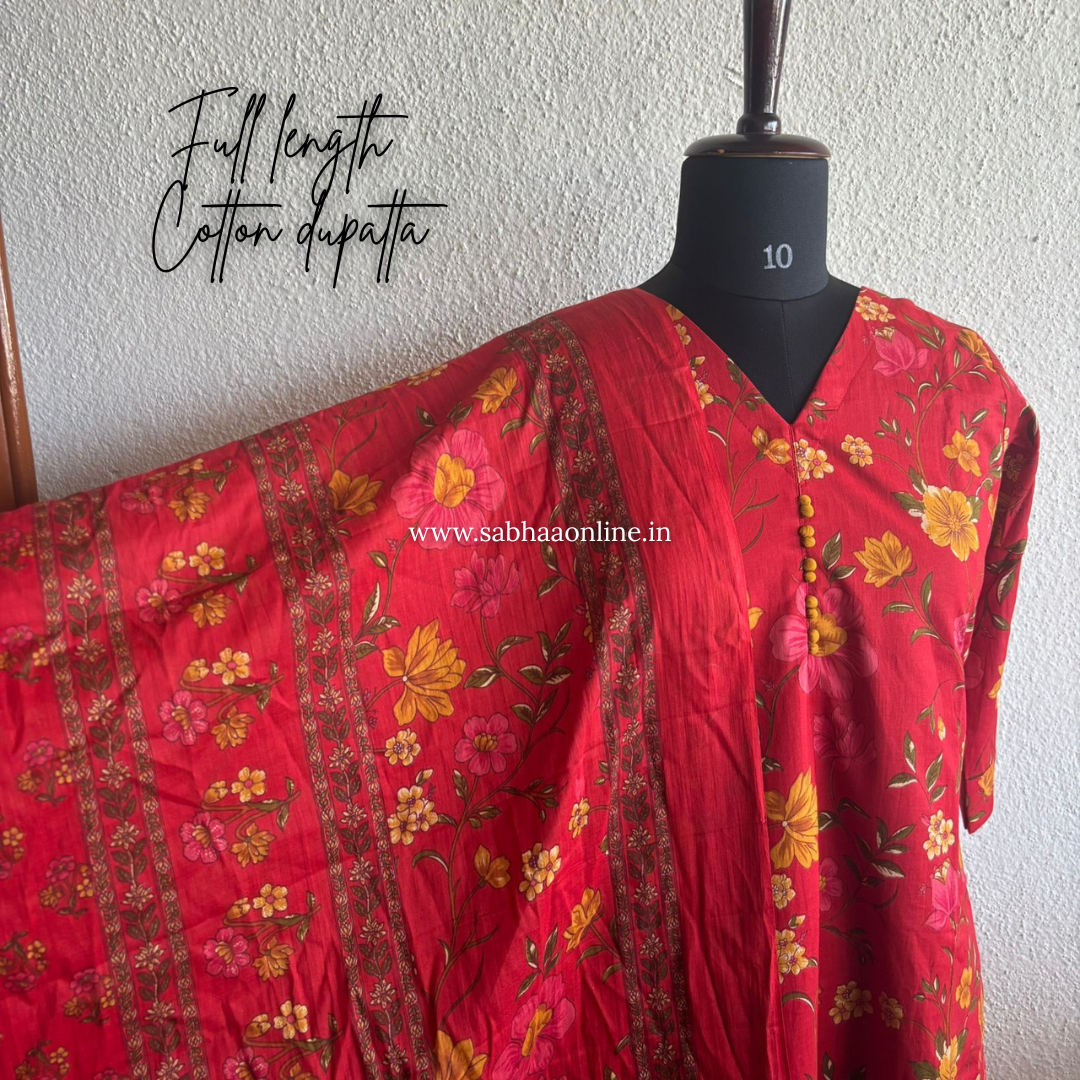 Jhanvi - Tomato Red Cotton kurti 3pc set with lining - LN 32