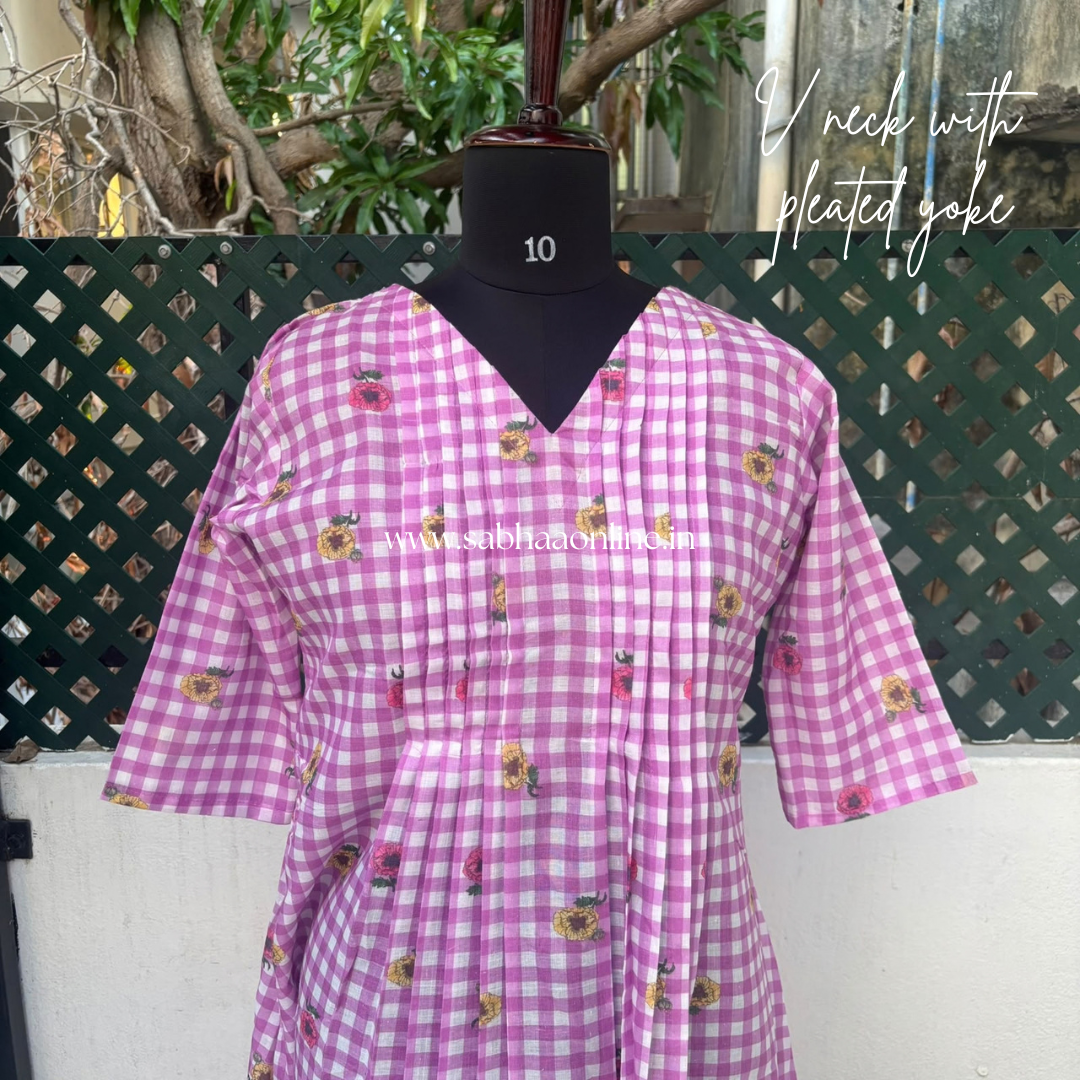 Poppy - Mauve/Dusty pink-purple Checkered floral Cotton Anarkali kurti /Frock - LN 71