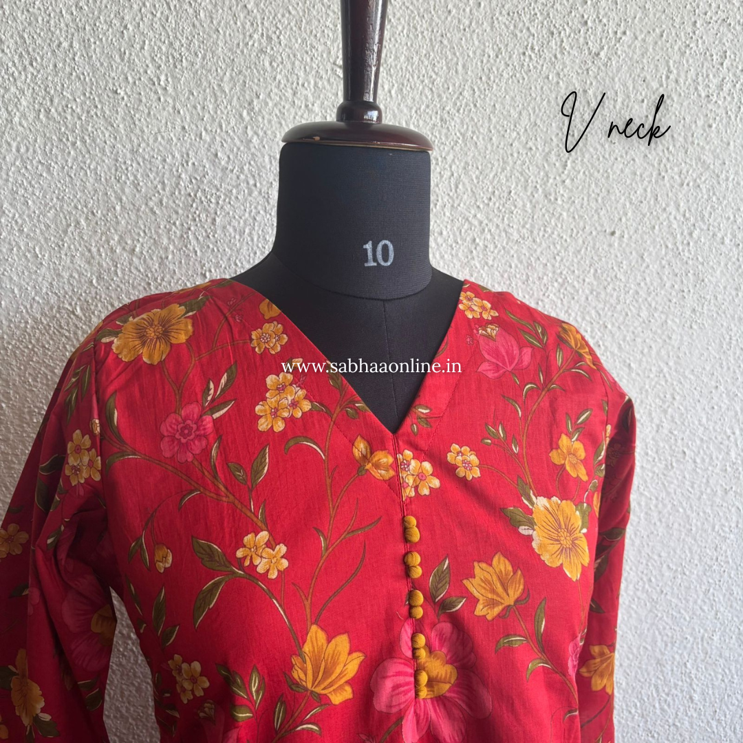 Jhanvi - Tomato Red Cotton kurti 3pc set with lining - LN 32
