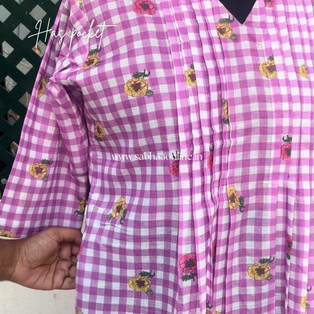 Poppy - Mauve/Dusty pink-purple Checkered floral Cotton Anarkali kurti /Frock - LN 71