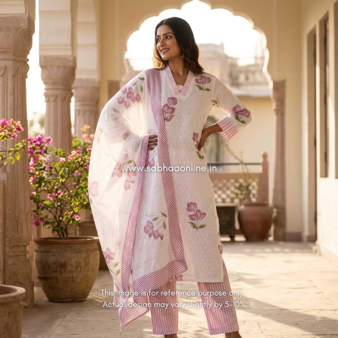 Evie - Ivory white and Lavendar Brush painted Cotton kurti 3pc set with lining - LN 68