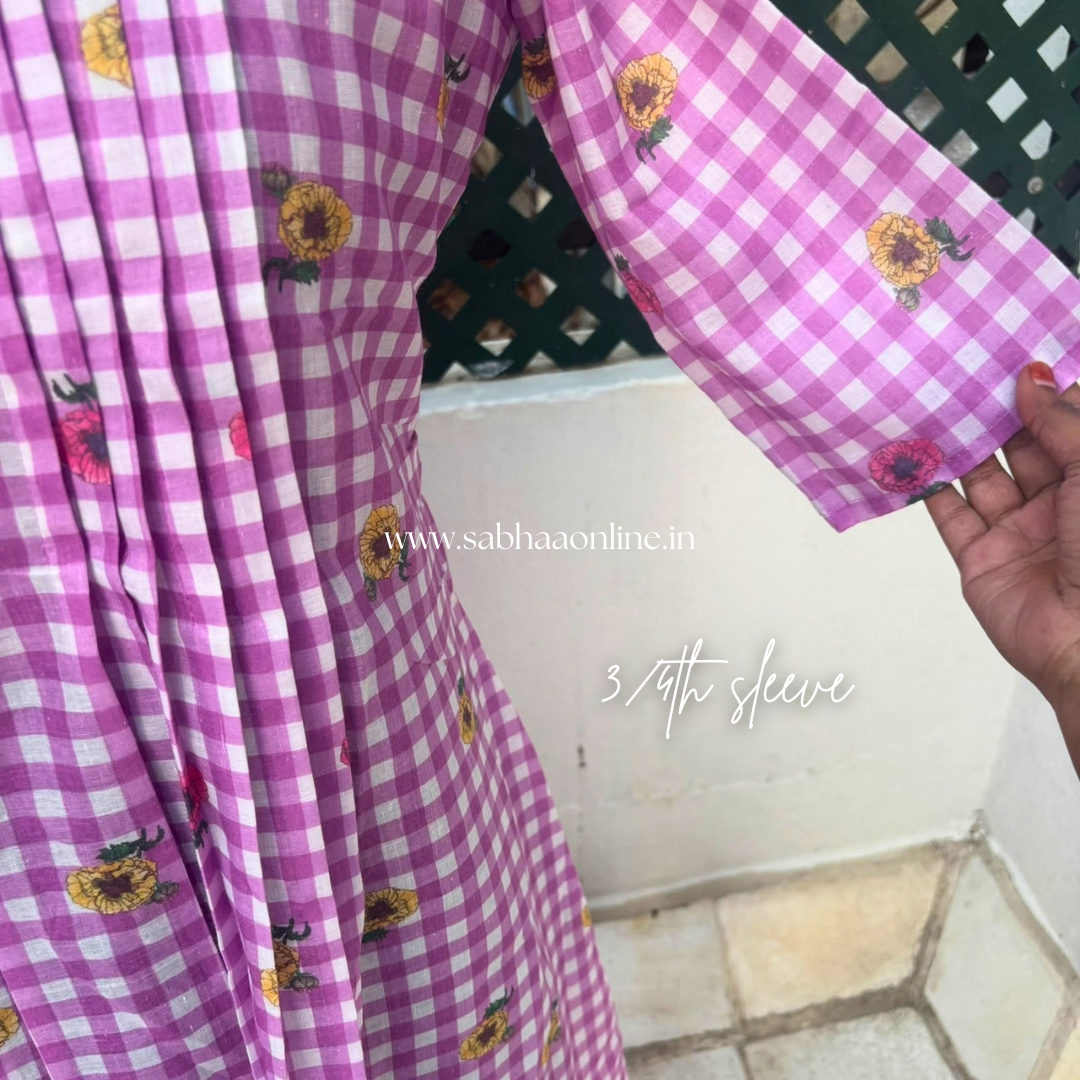 Poppy - Mauve/Dusty pink-purple Checkered floral Cotton Anarkali kurti /Frock - LN 71