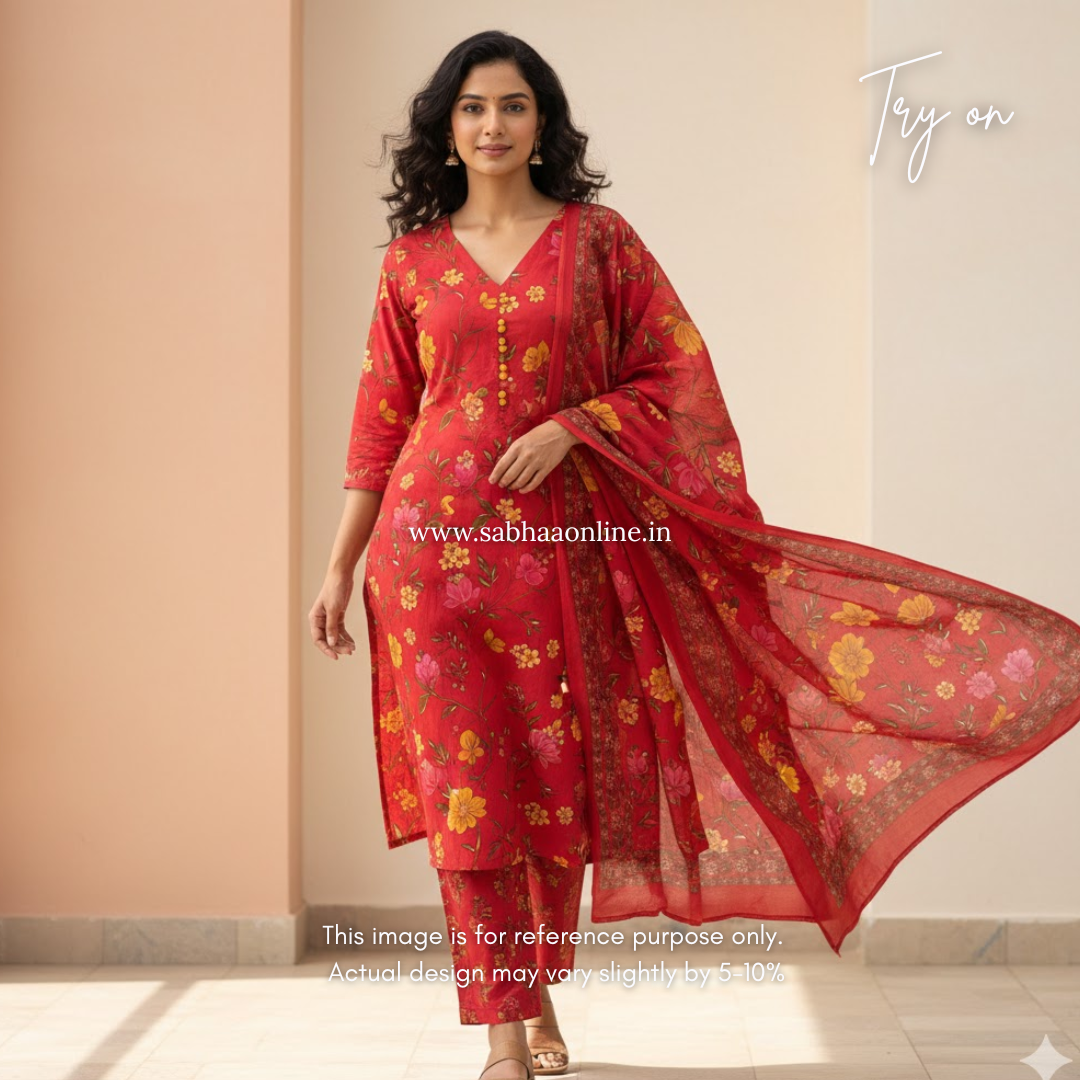 Jhanvi - Tomato Red Cotton kurti 3pc set with lining - LN 32